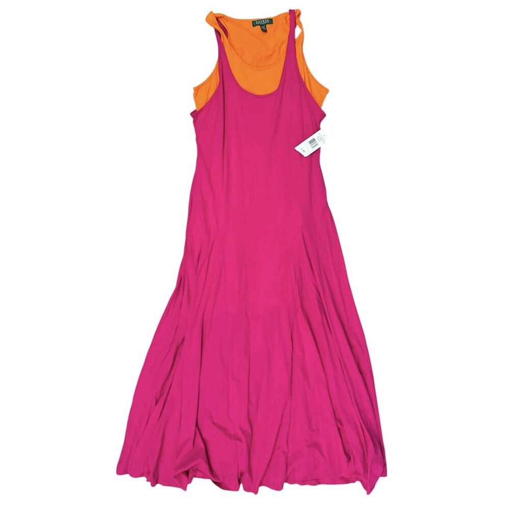 Lauren Ralph Lauren Layered Tank Maxi Dress 100% Cotton Lined Pink Orange Sz L P